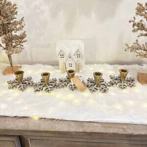 Holiday Gold Brass Metal 5 Taper Candelabra Centerpiece Snowflakes Rhinestone